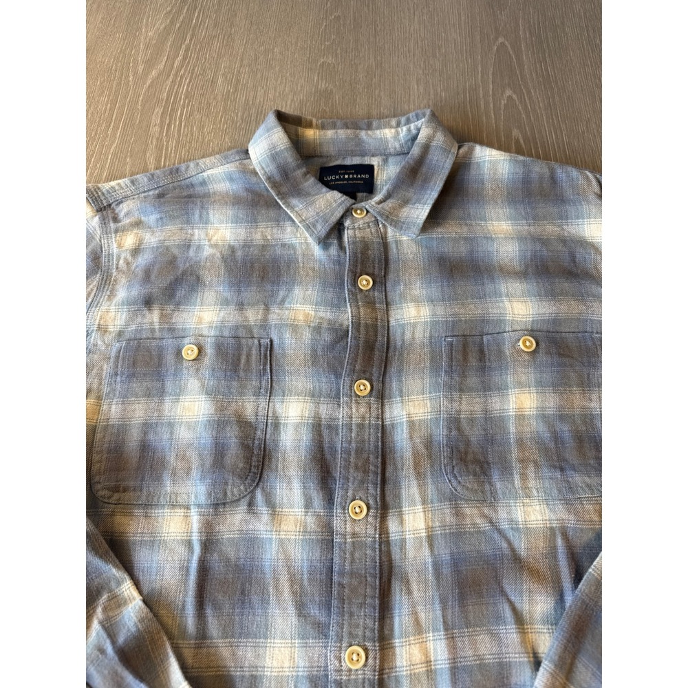 Lucky Brand Mens Blue Plaid Flannel Button Down Shirt Large Stretch Cotton L/G